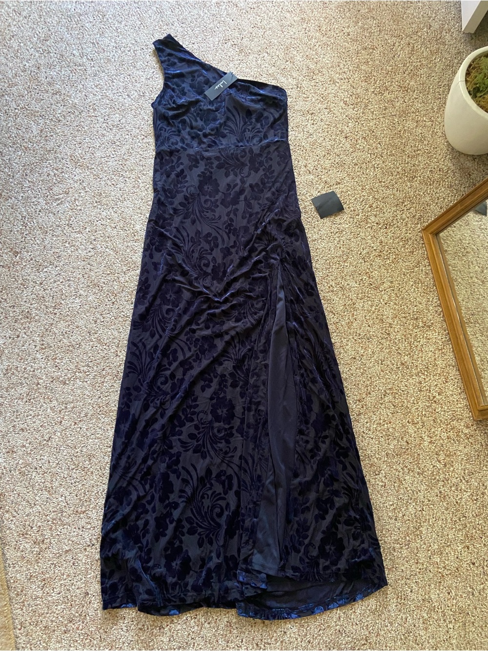 Lulus Navy Blue Floral Burnout Velvet One-Shoulder Maxi Dress - size L